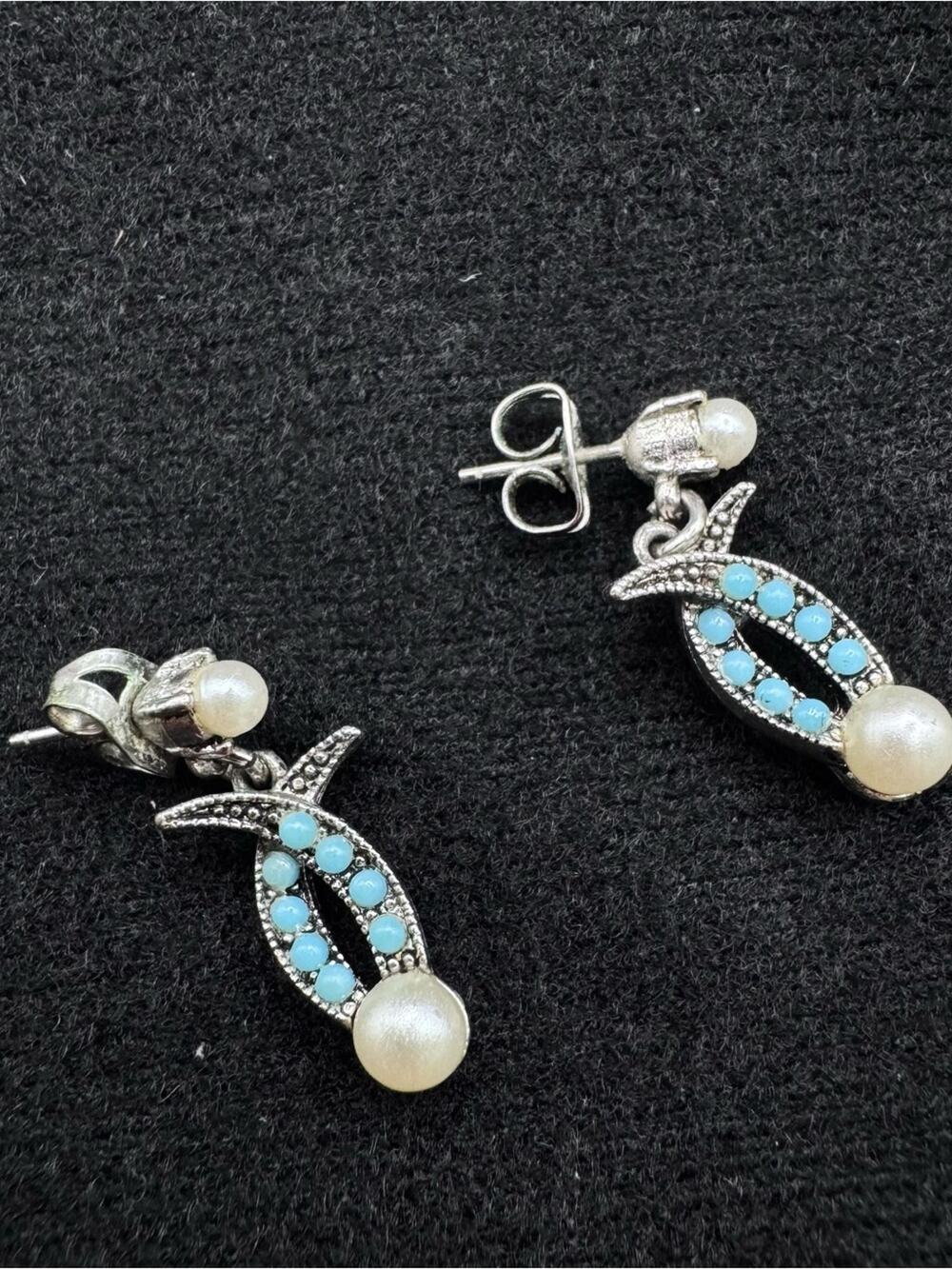 Fish Dangle Turquoise-Colored Stones Faux White Pearl Earrings